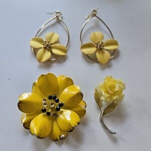 Elegant Yellow Floral Brooch & Earrings Set Bright Colorful Happy Summer Vintage